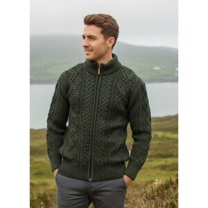 NWT Original Aran Cable Knit Wool Cardigan Sweater Green Mens M Irish Fisherman